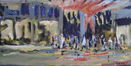 Ecke Pempelforter 1, wartende Menschen an einer Kreuzung vor einem Kaufhaus, gemalt mit Ölfarben